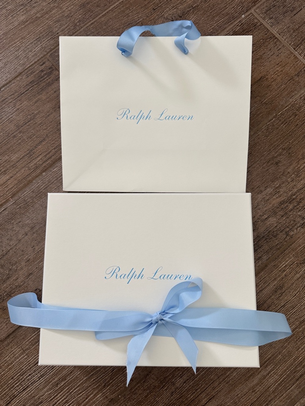 Ralph Lauren Cream Box and Bag with Light Blue Ribbon, NWOT